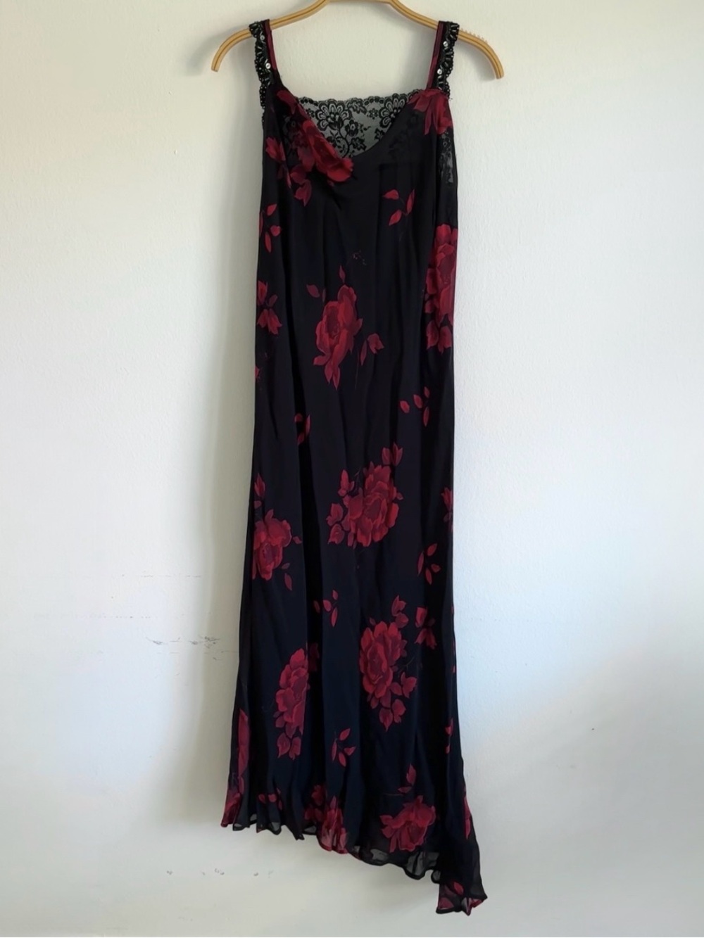 Vintage Y2K Rose Dress Maxi Asymmetrical Vampire Vampy Black Red Cowl Lace